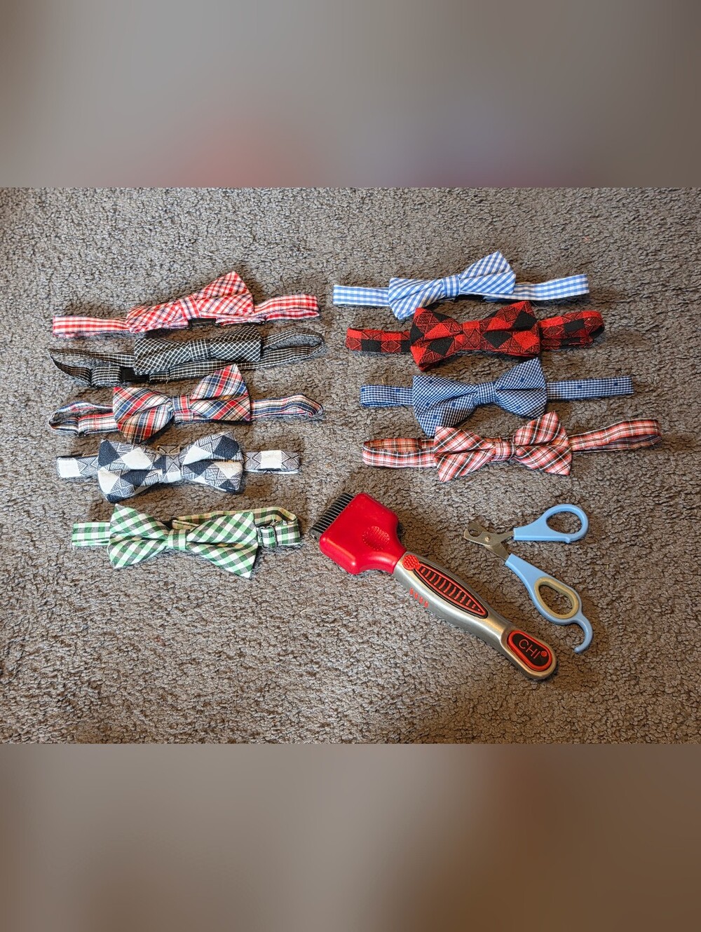 Set Of 9 Hand Made Dog Collars/Bow Ties, CHI Groomong Brush And Nail Clippers